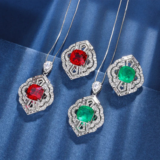 Gemfiori Luxurious Temperament Emerald Zircon Pendant Ring Fashionable and Personalized Hollow Jewelry Set