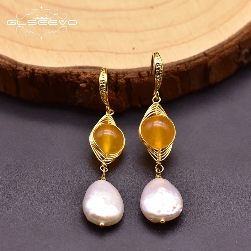 Natural Baroque Pearls Dangle Earring Yellow Jade Jewelry for Women Girl Birthday Gift  Earrings Bulk
