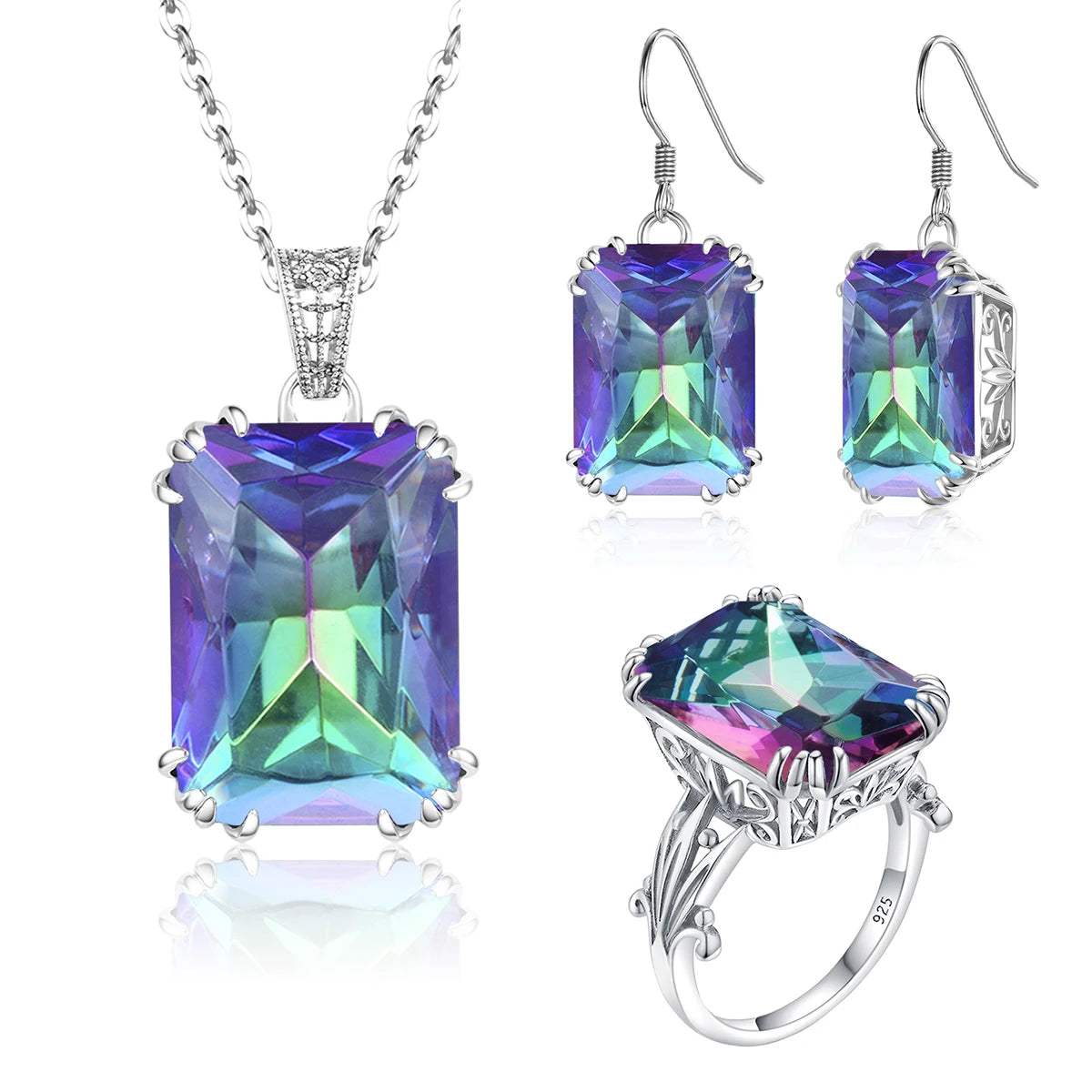 ArtistA Sapphire Blue Stone Zircon Crystal Sterling Silver Jewelry Sets for Women Retro Crown Ring Pendant Earring for Party Engagement