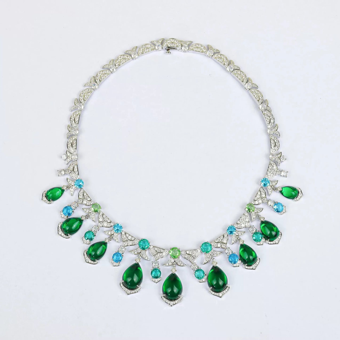 Luxury Green Crystal Zirconia Geometric Necklace & Earrings Set