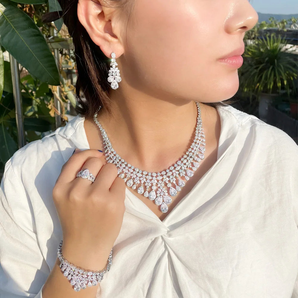 4 Piece Saudi Arabia Necklace Cubic Zirconia Super Big Luxury Jewelry Set for Women's Wedding Dubai Bridal Jewellery Set