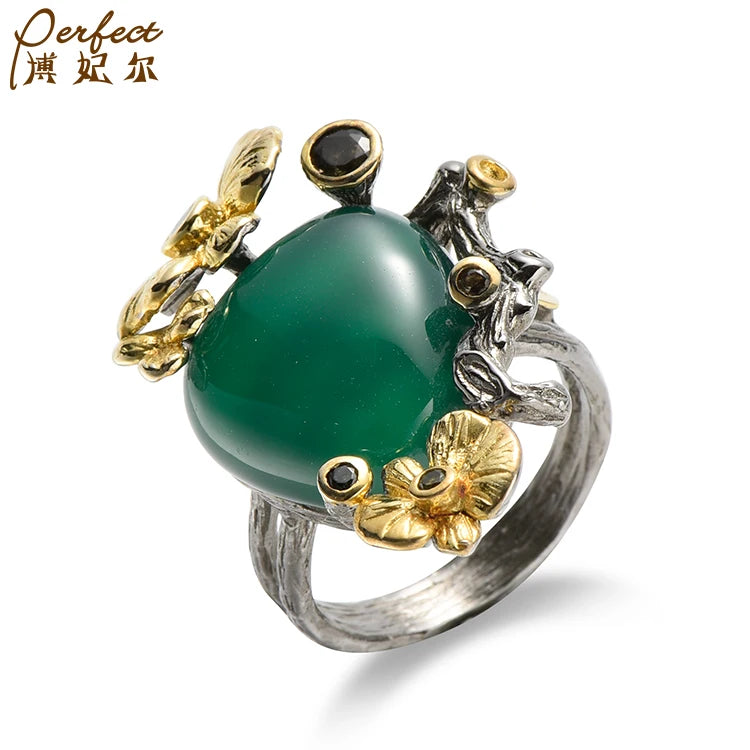 Wholesale Fashion Personality Green Agate Women Luxury  Sterling Silver Jewelry Rings