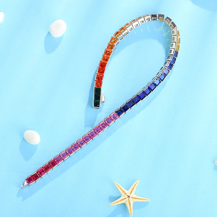 Gemfiori New Coming Real 925 Sterling Silver Charm Rainbow Tennis Bracelet for Women
