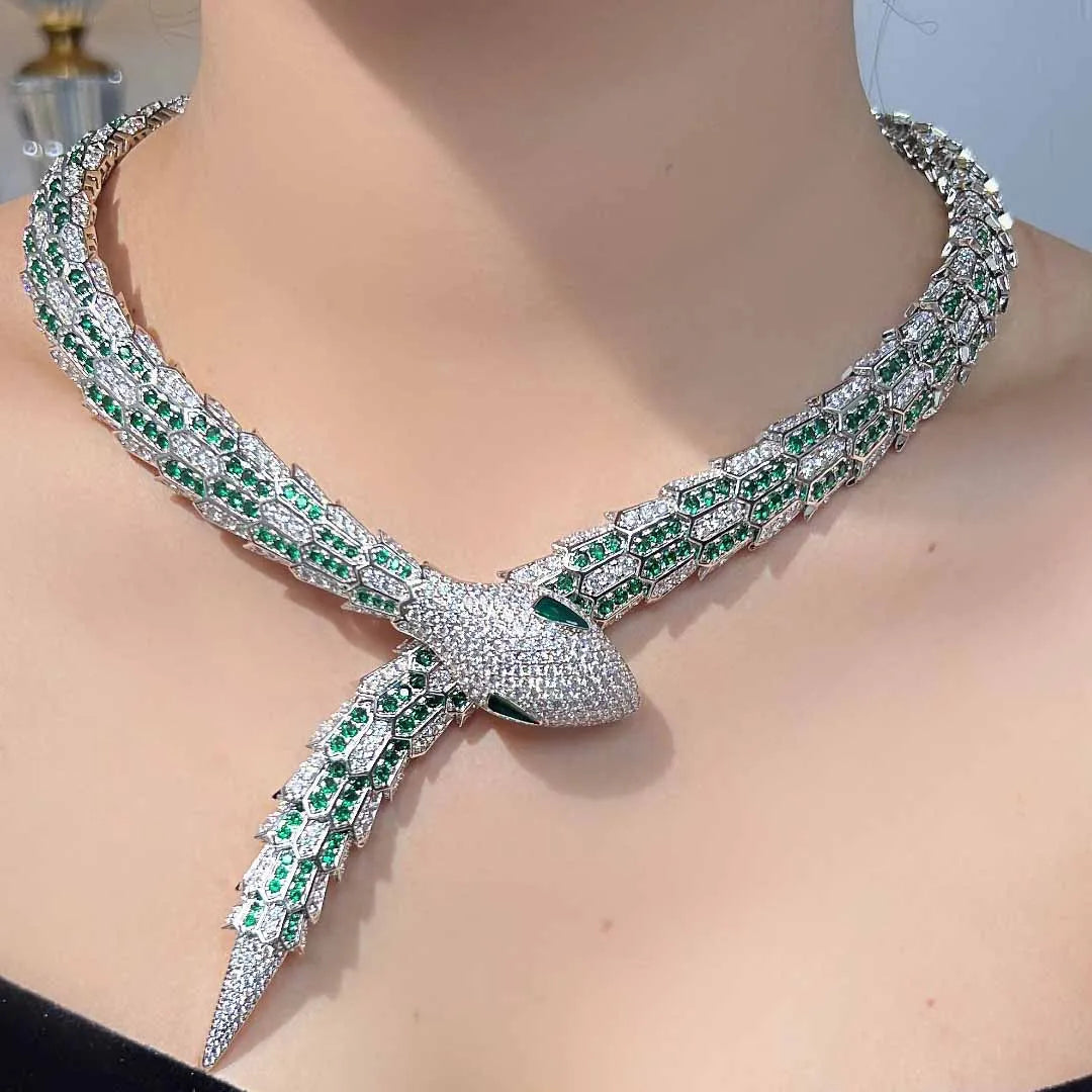 Luxury Brand Design Bridal Accessories Green CZ Diamond Full Paved Snake Necklace Bracelet Sets