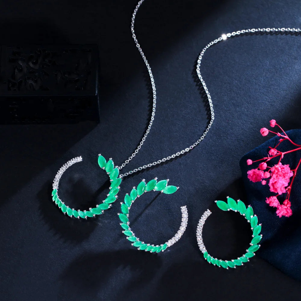 New Temperament Half Round Green Leaf Shaped Marquise Cut Cubic Zircon Crystal Stud Earrings and Necklace Jewelry Set for Women