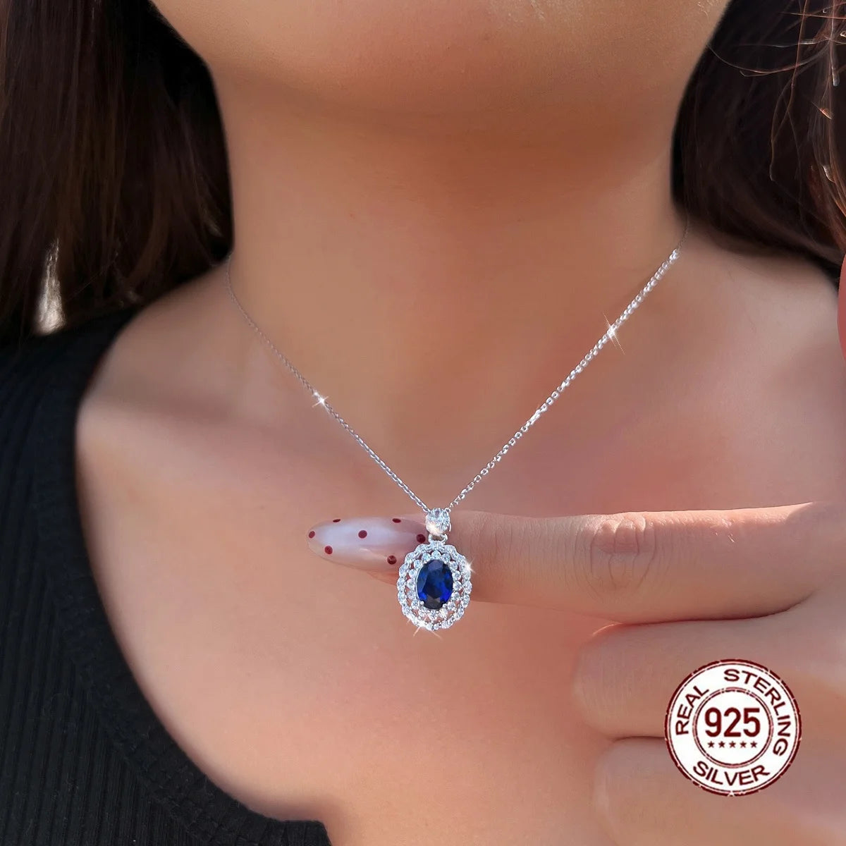 Vintage Style Royal Blue Cubic Zirconia 925 Solid Silver Necklace and Earring Set for Ladies Wedding Engagement Fine Jewelry Set