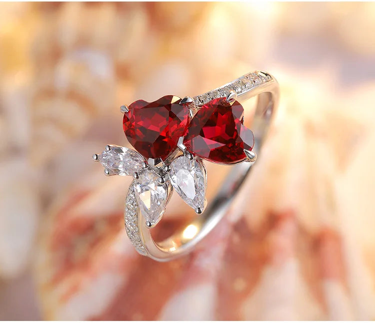 Gemfiori New Romantic Rhodium Plated Lab Grown Ruby Heart Rings 925 Sterling Silver Anniversary Wedding Gift for Women