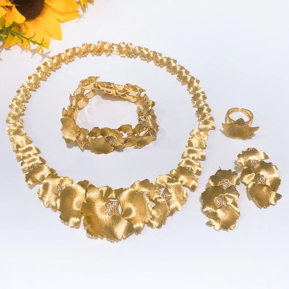 Zhuerrui Luxury Cubic Zirconia Jewelry Set American Diamond Flowers Jewelry Sets Necklace Bracelet Earrings Ring Jewellery Set
