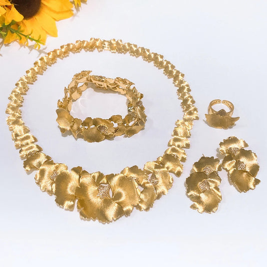 Zhuerrui Luxury Cubic Zirconia Jewelry Set American Diamond Flowers Jewelry Sets Necklace Bracelet Earrings Ring Jewellery Set