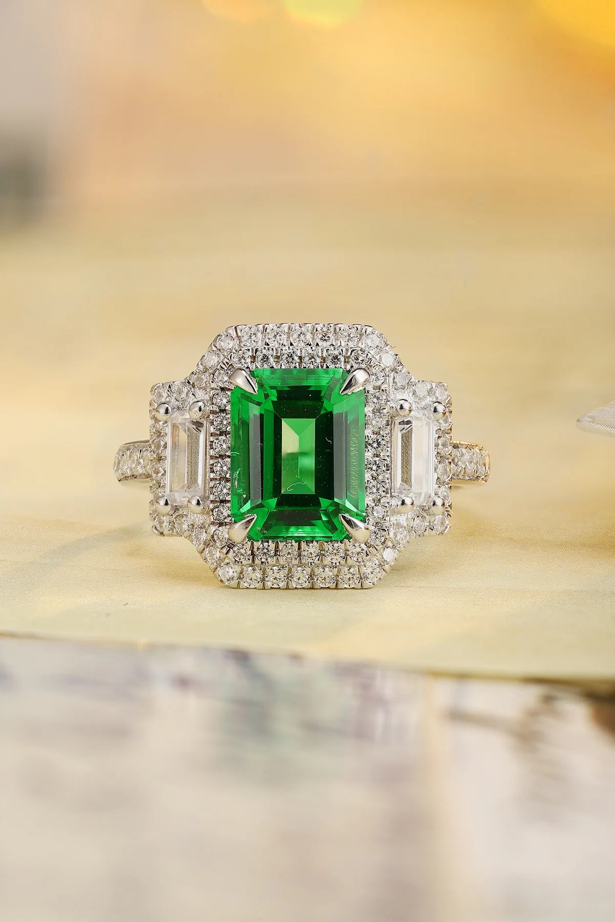 Gemfiori Custom 925 Sterling Silver Emerald Cut Lab Grown Emerald Engagement Ring Lab Created Green Emerald Jewelry