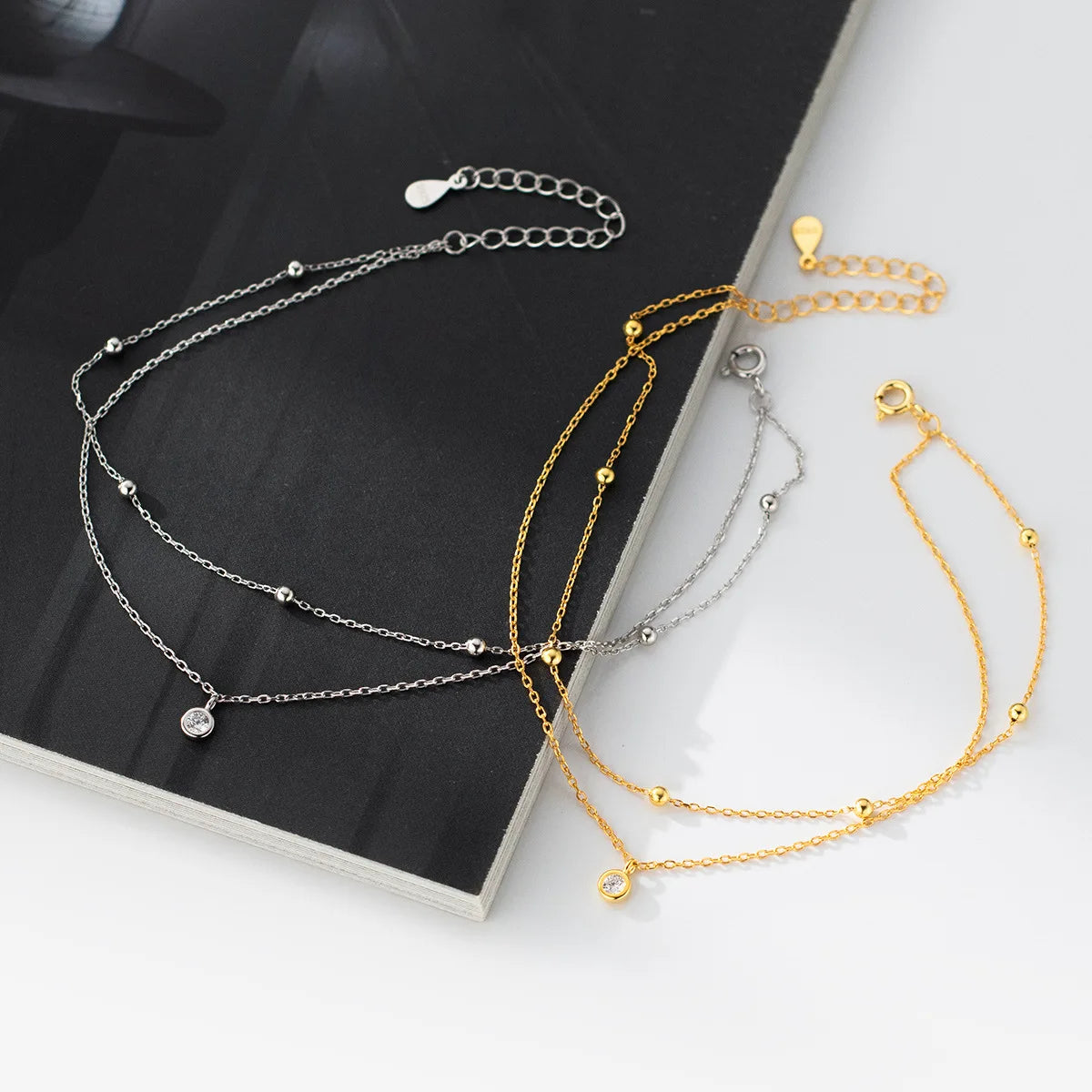 VEWANT Gold Plated Sterling Silver 925 Bohemian Zircon Ball Beaded Station Chain Anklets Adjustable for Women