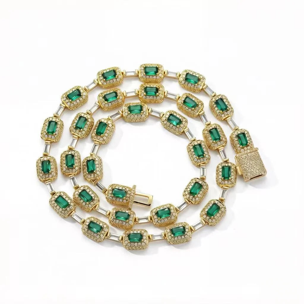 Luxury Bling CZ Tennis Necklace for Men and Women Geometric Link Chain with Classic Emerald Zircon Charm