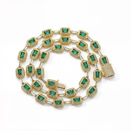 Luxury Bling CZ Tennis Necklace for Men and Women Geometric Link Chain with Classic Emerald Zircon Charm