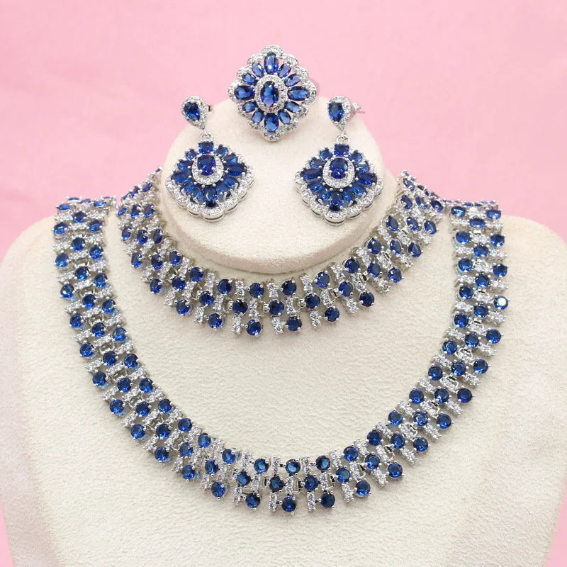 XOTICA New Design Royal Blue Zircon Stone Necklace Set Silver Color Wedding Jewelry Earrings Ring Bracelet Gift Box for Party Occasions