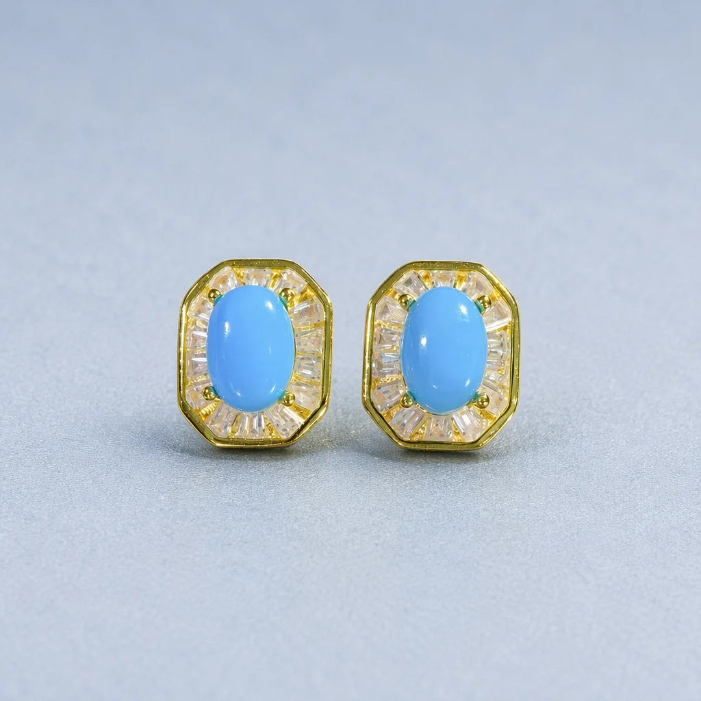 Gioiellieri Natural Turquoise Earrings 925 Sterling Silver December Birthstone Fine Jewelry Set for Women Sky Blue Cabochon Stud Dangle