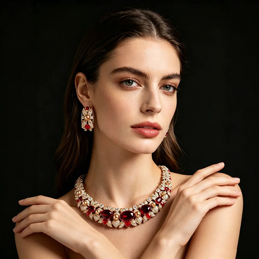 XM S301 Oval Cut Zircon & Pearl Statement Necklace & Earrings Set