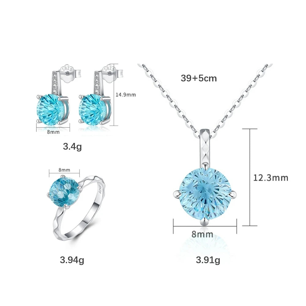 S&S Aqua Blue Zircon 925 Silver Jewellery Set | Fireworks Cut Rhodium Plated Ring, Necklace & Earrings | S&S Collection