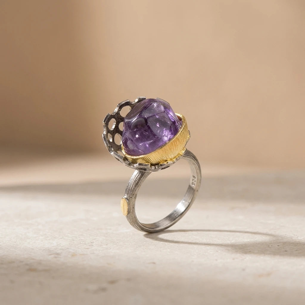 ODM Custom Handmade Creative Amethyst Jewelry Silver Ring Designs for Women