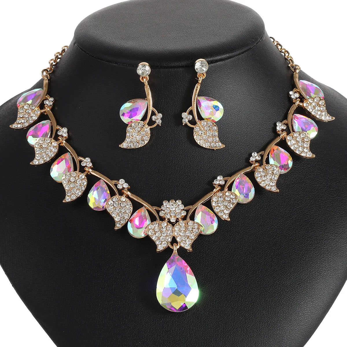 Leaf & Crystal Geometric Necklace & Earrings Jewellery Set | Retro Vintage Fashion Set
