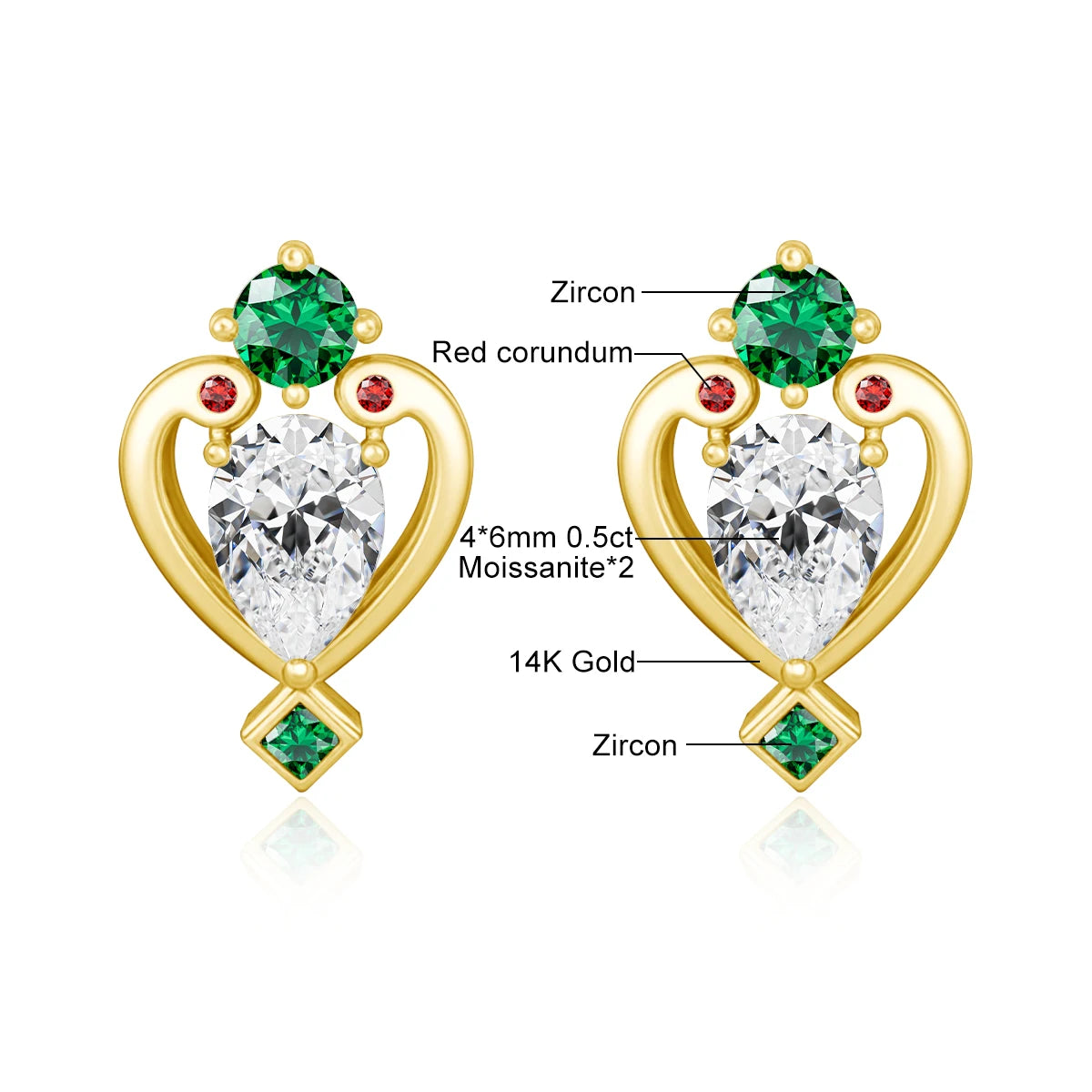 Gioiellieri Gold Jewelry Woman Mother's Day Gifts 0.5ct Pear Cut Moissanite Real 14K Hollow Vintage Queen Hearts Scepter Stud Earrings