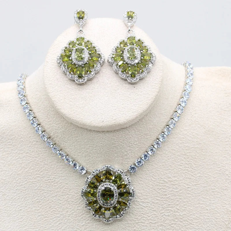 XOTICA 925 Silver Stamp Green Peridot Necklace Earring Set Luxury Wedding Party Jewelry for Women Gift Engagement Anniversary Zircon