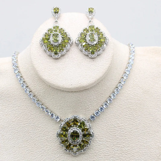 925 Silver Stamp Green Peridot Necklace Earring Set Luxury Wedding Party Jewelry for Women Gift Engagement Anniversary Zircon