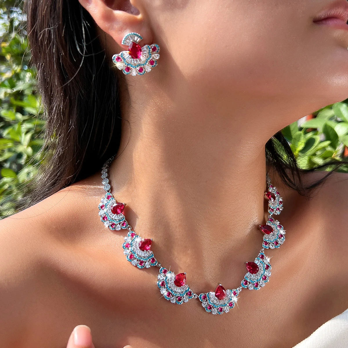 Beauty Jewelry Set Rhodium Plated Rose Red Turquoise CZ Dress Drop Tennis Jewelry Set for Women Brides Lady Costume Accessories