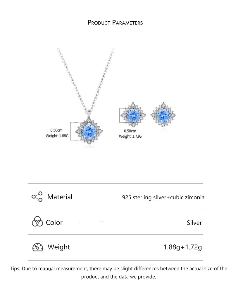 S&S 925 Silver Aquamarine Blue Zircon Necklace & Earrings Set | Sunflower Design | Rhodium-Plated