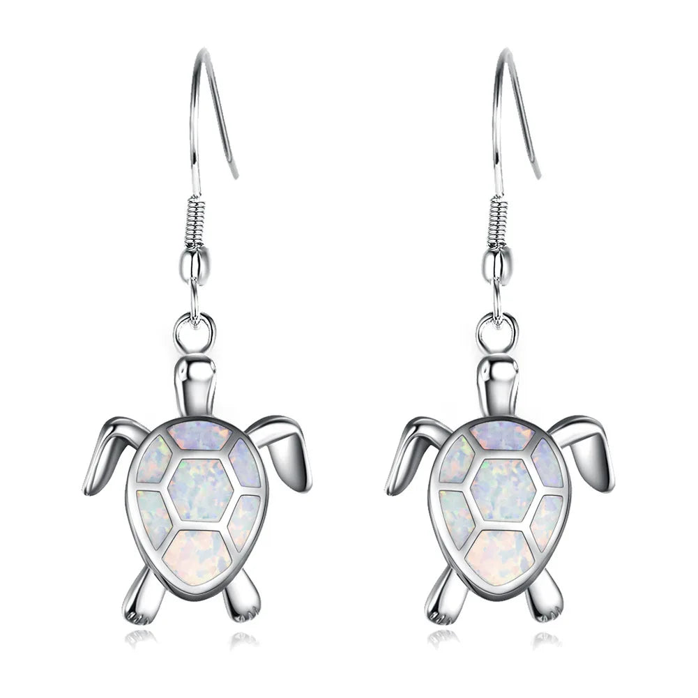 Ocean Vacation Vibes Blue Aobao Opal Sea Turtle Bohemian Christian Pendant Earrings Silver Plated Women's TikTok Top Seller