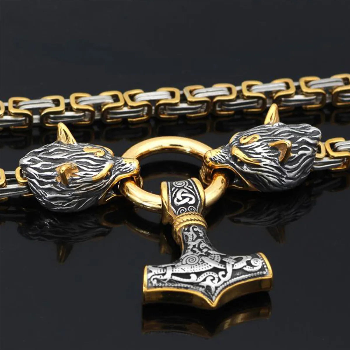 REBEL VIKING Thor Hammer Mjolnir Wolf Head Pendant Necklace – 24" Stainless Steel