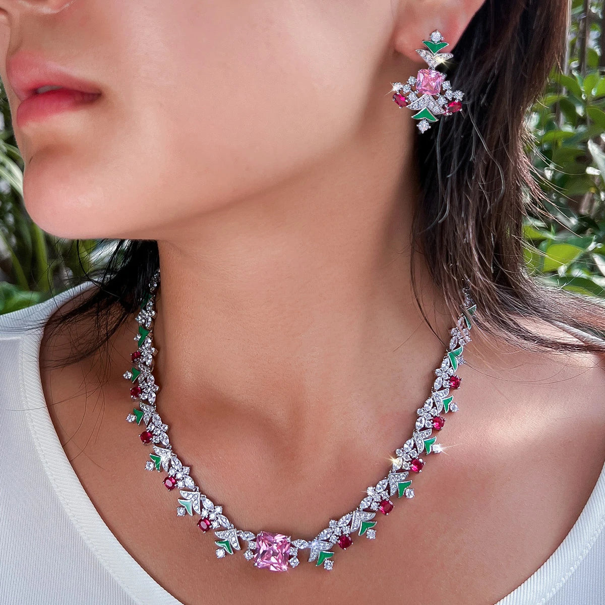 Charming Jewelry Set Rhodium Plated Multicolor Zirconia Necklace Earrings Christmas Tree CZ Jewelry Set for Brides Women Wedding