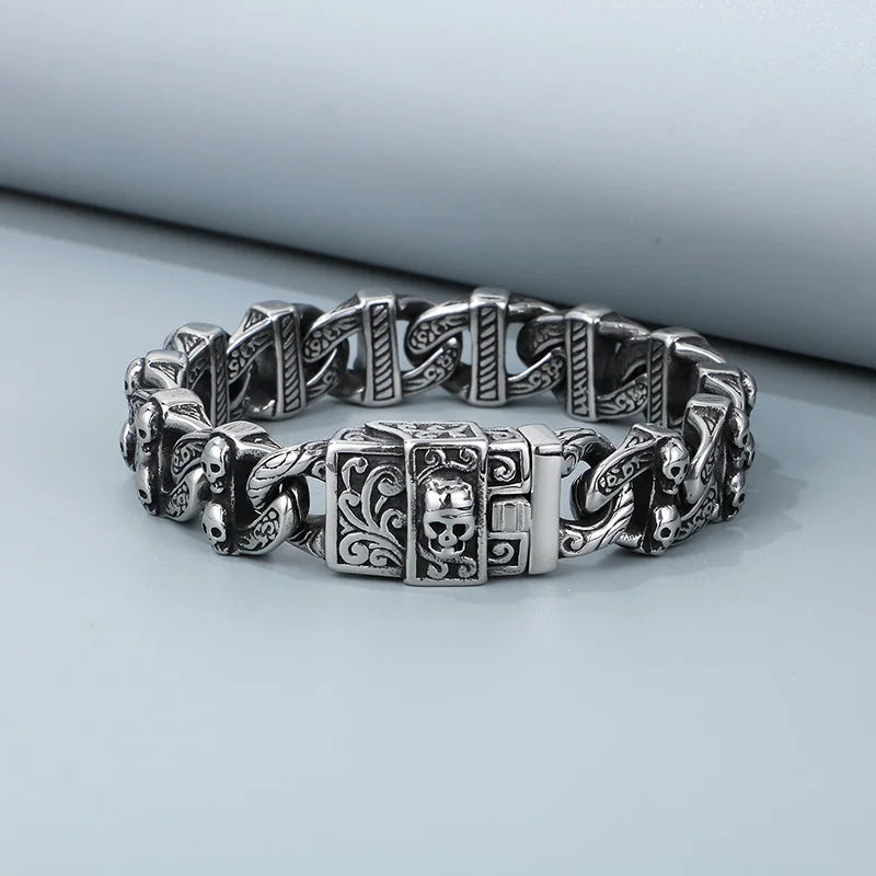 KALEN 220mm Men Punk Stainless Steel Skull Pattern Clasp&Links Bracelet