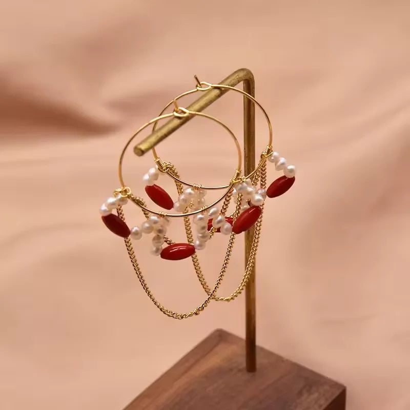 Red Coral Natural Pearls Fashion Accessories Set Fine Woman Ring Earrings Necklace Luxury Customized Jewelry Wedding