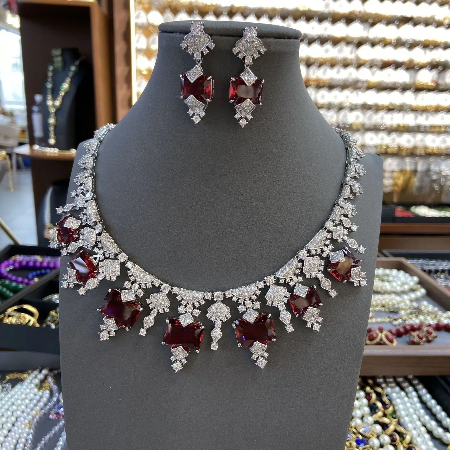 Luxury Princess-Cut Ruby Zirconia Claw-Set Necklace & Earrings Bridal Set — Rhodium Plated