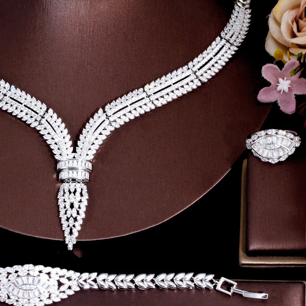 4pcs Elegant Luxury Shiny Cubic Zirconia Women Wedding Costume Necklace Earring Ring Festival Brides Jewelry Sets Accessories