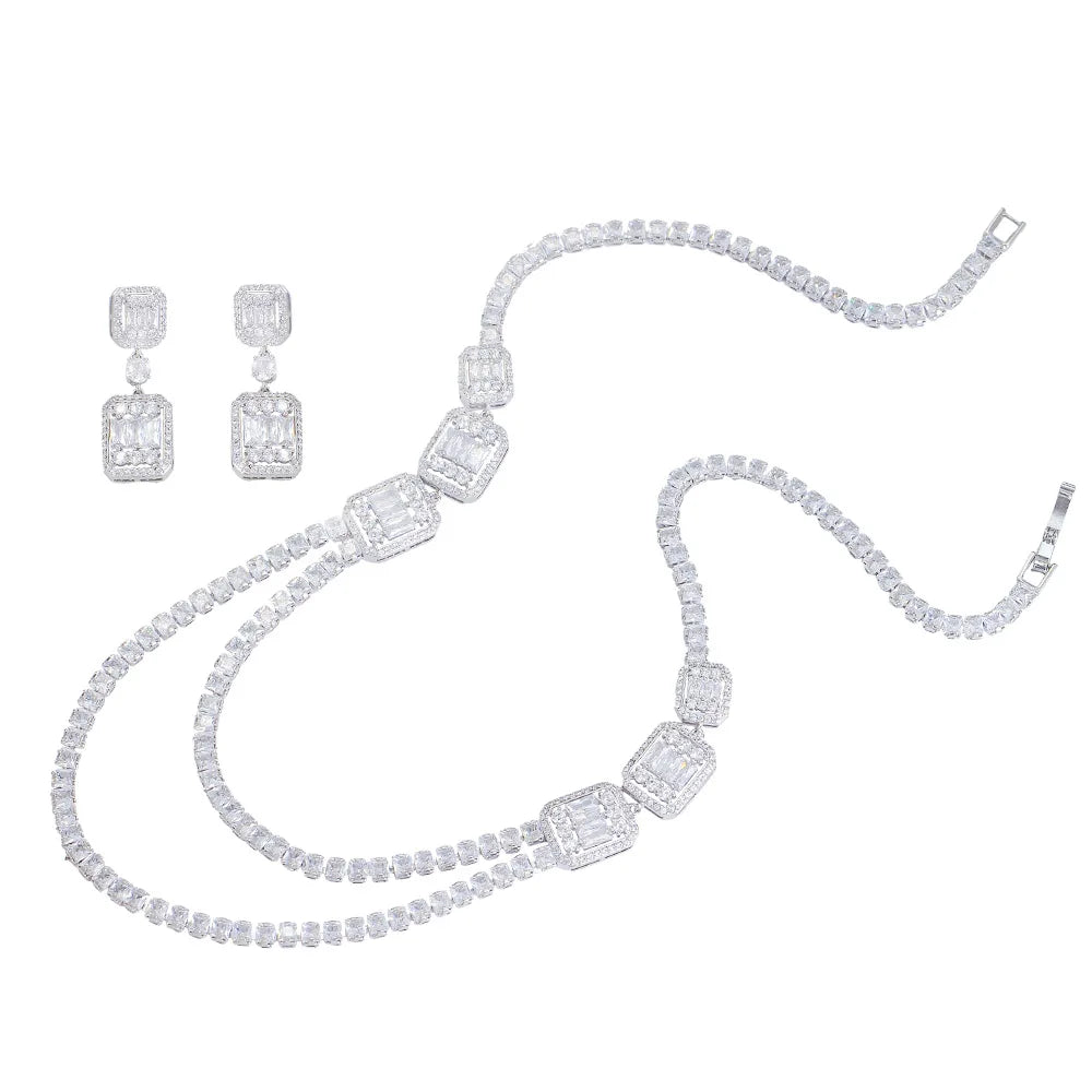 Wholesale Shiny White Cubic Zirconia Double Layered Wedding Evening Chain Necklace Bridal Party Wear Jewelry Sets for Women