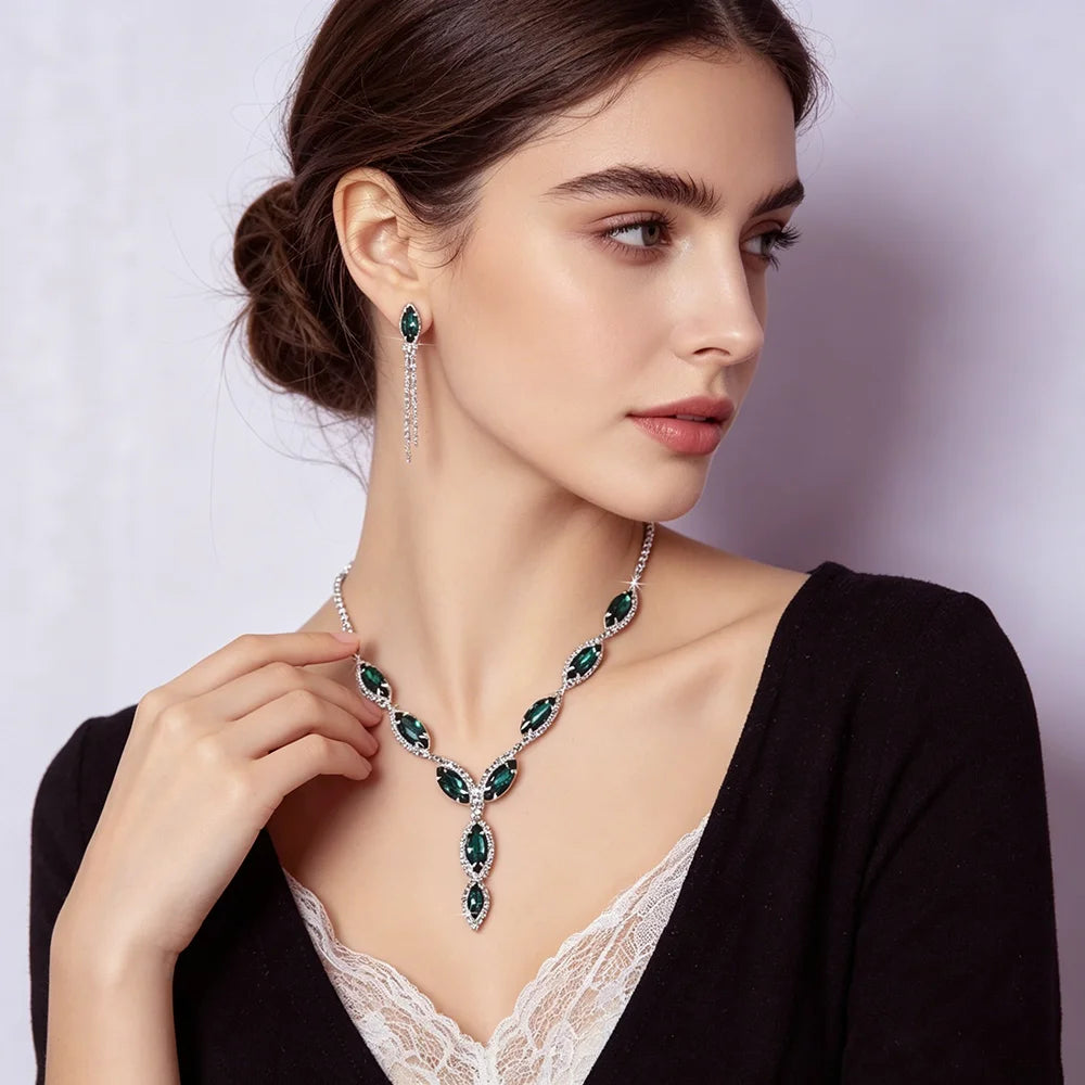 XM S375 Silver Plated Marquise Cut Zircon Floral Statement Necklace & Tassel Drop Earrings Set