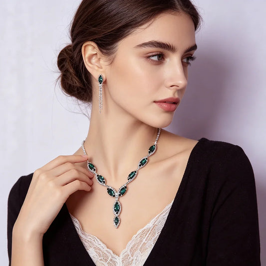 XM S375 Silver Plated Marquise Cut Zircon Floral Statement Necklace & Tassel Drop Earrings Set