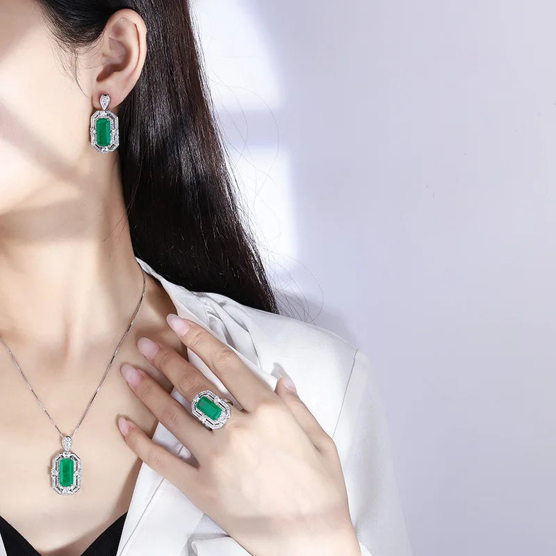 High Quality Eco-friendly Copper 8*16MM Emerald Green Cubic Zirconia 3 Piece Wedding Bridal Ring Necklace Set for Party