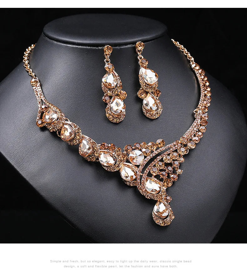Retro Luxury Crystal Necklace & Earrings Jewellery Set | Rhodium & Gold Plated Banquet Fashion Set
