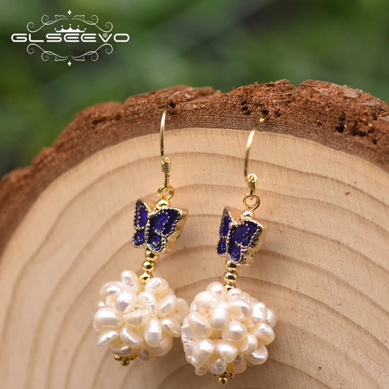 Natural Fresh Water Pearl Cloisonne Butterfly Romantic Drop Earrings Designer Spherical Charm Earrings for Women