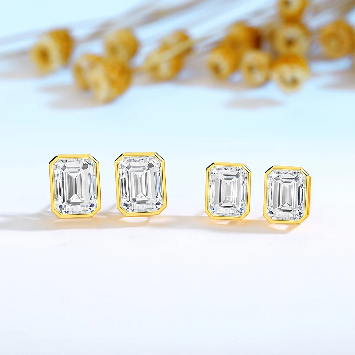 Gioiellieri Luxury Woman Engagement Jewelry Gift Classic Bezel Emerald Moissanite Stud Earrings 14K Gold Hollow