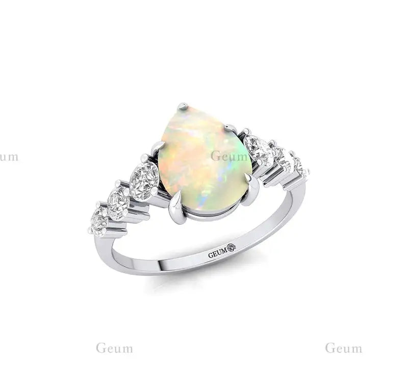 18k Solid Gold Engagement Gift Natural Ethiopian Opal Gemstone Real Diamond Classic Pave Setting Rings Luxurious Bridal Jewelry
