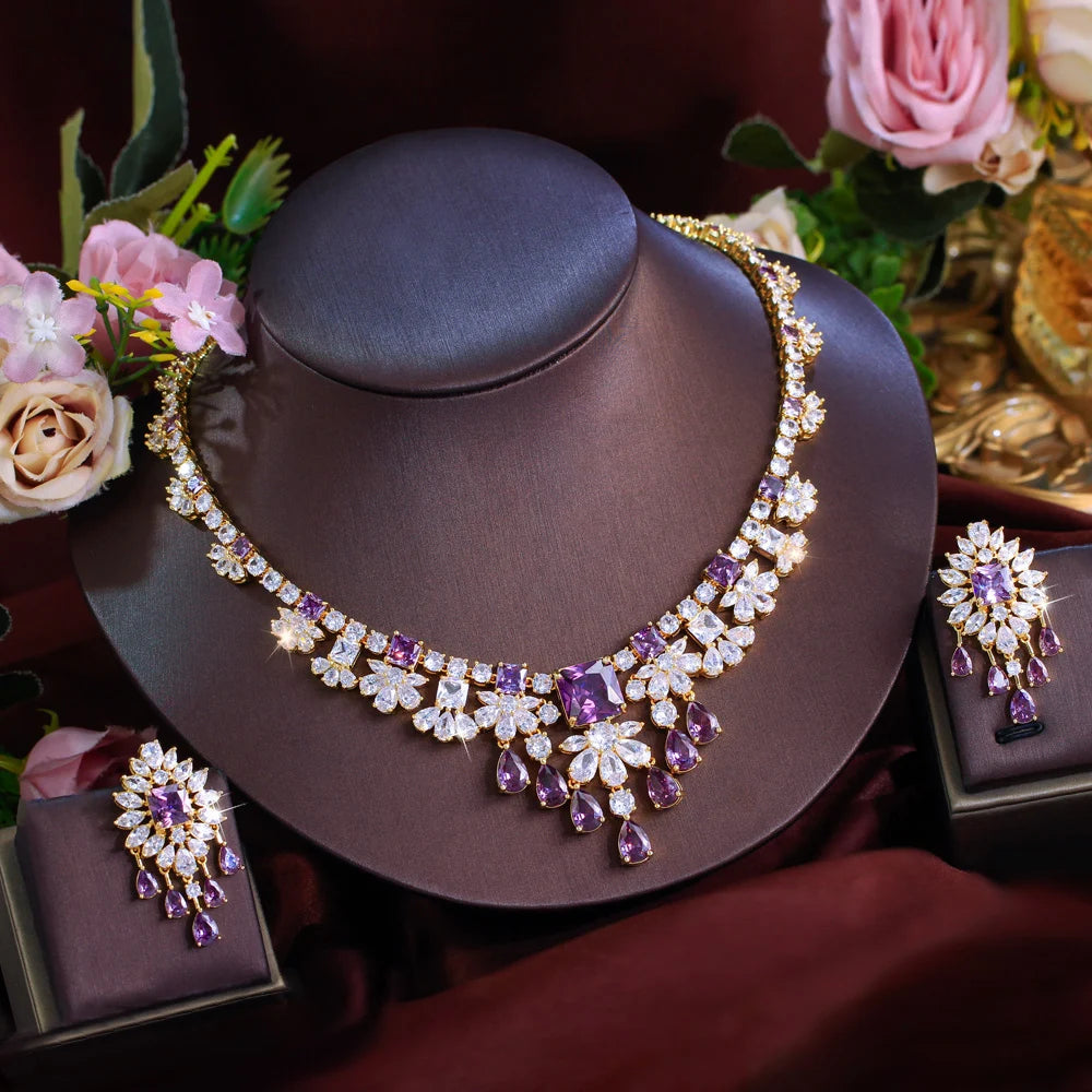 Luxury Purple and White Cubic Zirconia  Big Necklace Earrings Italian Dubai 18k Gold Plated Bridal Jewelry Set for Women Wedding