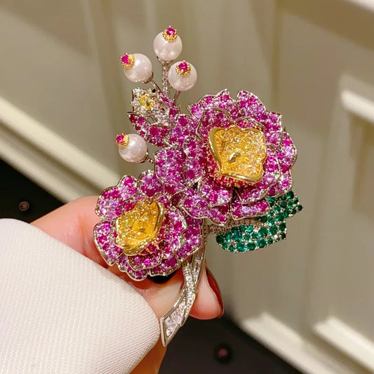 High-end Vintage Camellia Zircon Rhodium Plated Brass Brooch Pin Women Engagement Wedding Party Birthday Gift Fashion