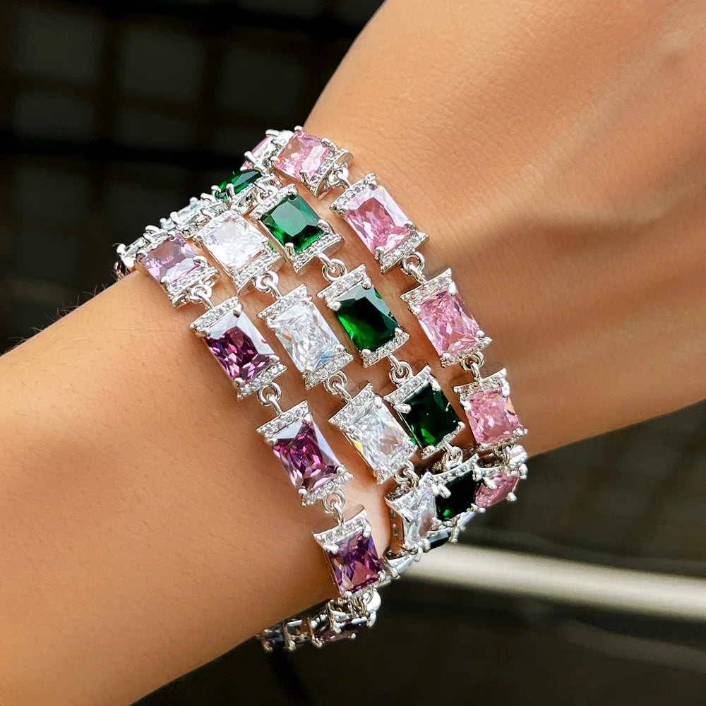 Gemfiori Glamorous Jewelry Gold Plated Rectangle Light Green Cubic Zirconia Anniversary Wedding Party Chain Link Bracelets for Women Man
