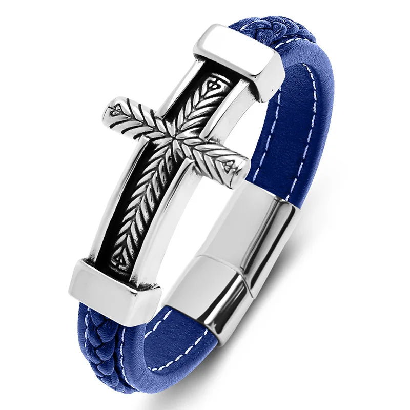 REBEL FASHIONISTA Hot Sale Male Magnetic Pattern Cross Style Stainless Steel Accessories Double-Layer Leather Bracelet Wearing Accessories