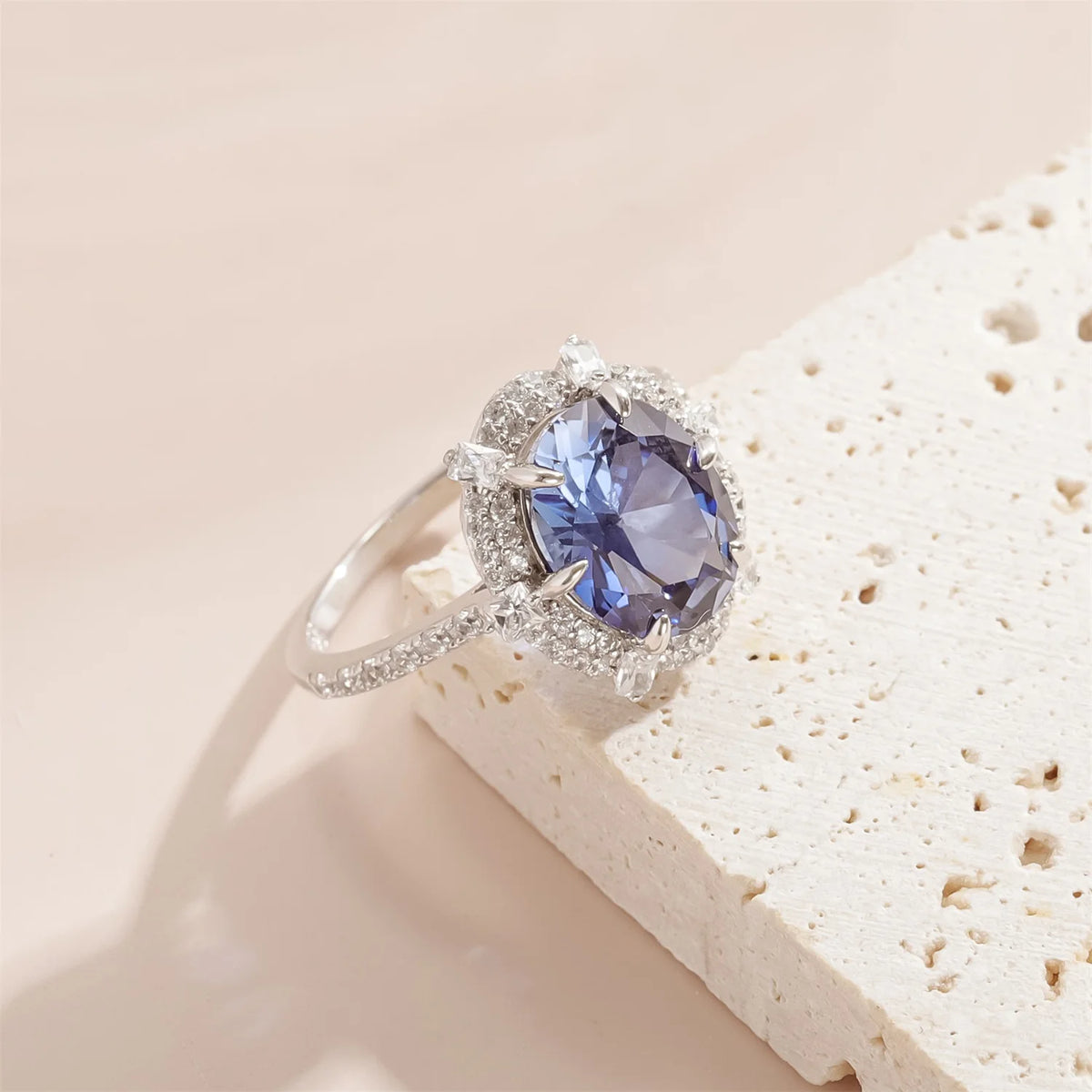 Gemfiori Luxury Halo Design Big Stone 8x10 Oval Cut Lab Grown Sapphire 925 Silver Rhodium Plated Women Ring with Half Pave Shank