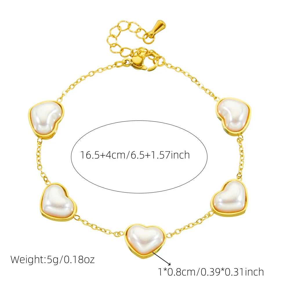 High Quality Fashion Stainless Steel Heart Necklace Earrings and Bracelet Set with Pearl Women Exquisite Gold Jewelry Set