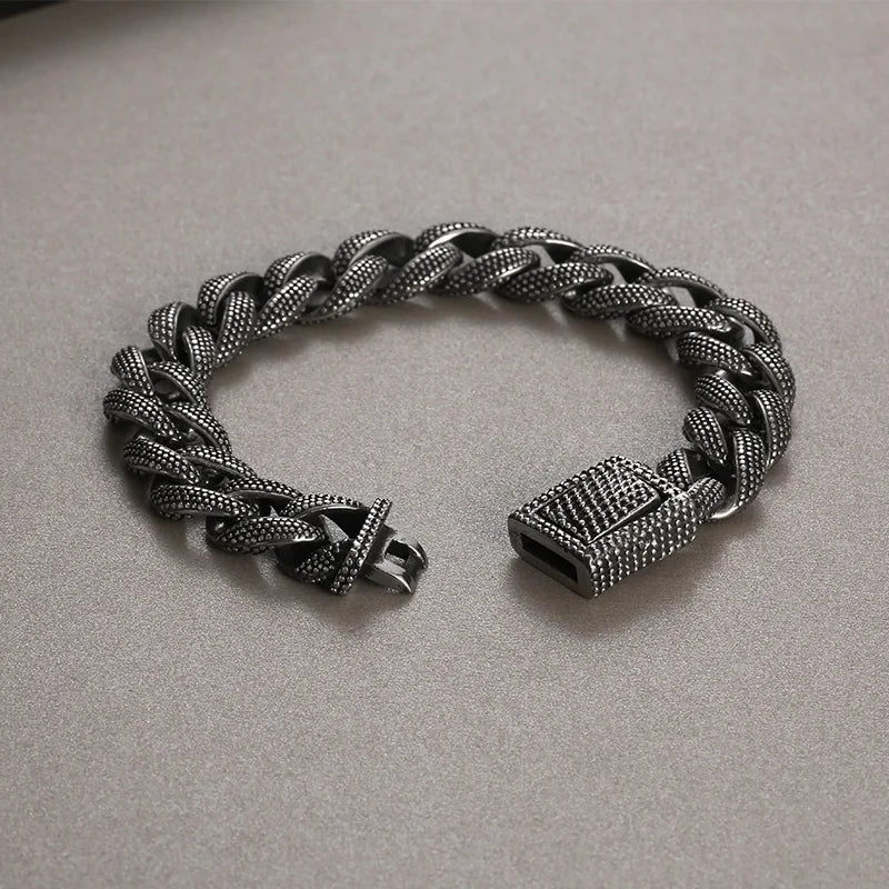 KALEN Men Retro 220mm Stainless Steel Grainy Surface Cuban Links Bracelet